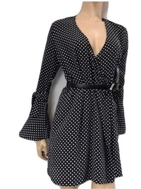 Women's Black & White Polka Dot Long-Sleeve Wrap Dress